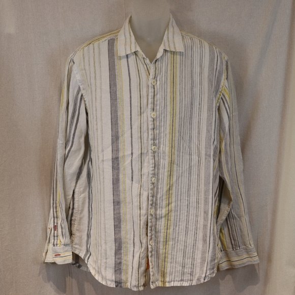 Tommy Bahama Relaxed Linen Shirt Large Yellow Gray Striped Button Down - Picture 2 of 10